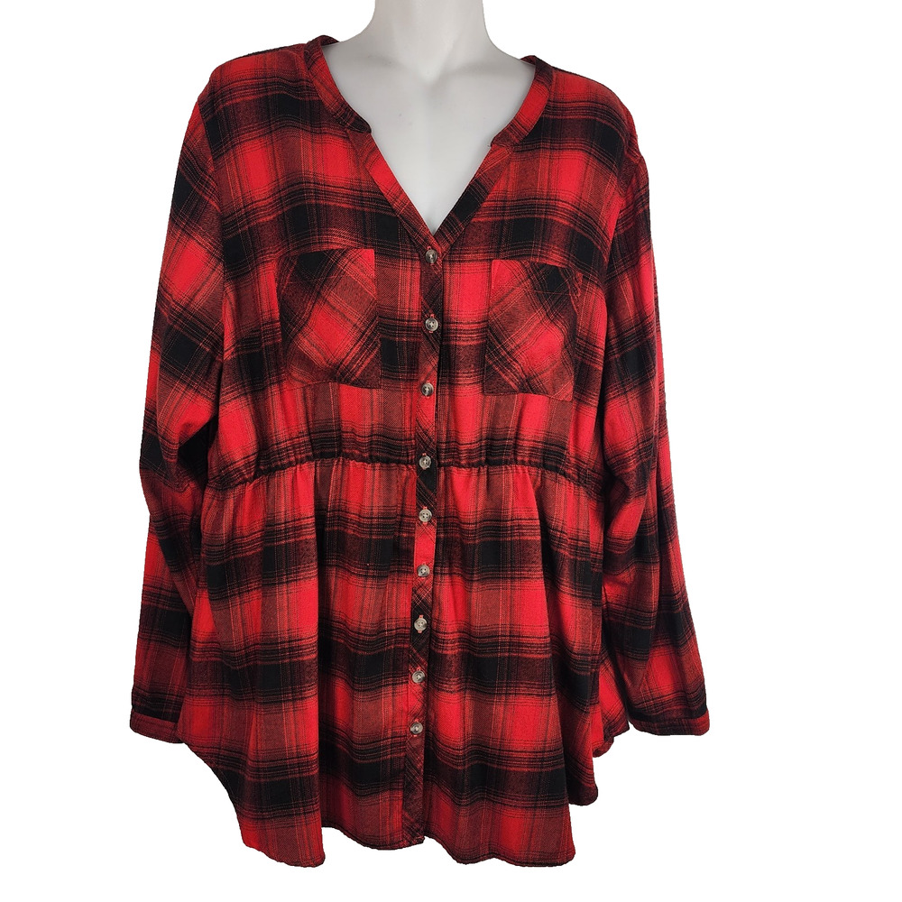 Maurices Women Babydoll Tunic Shirt Red Plaid Super Soft Button Down Relaxed XXL
